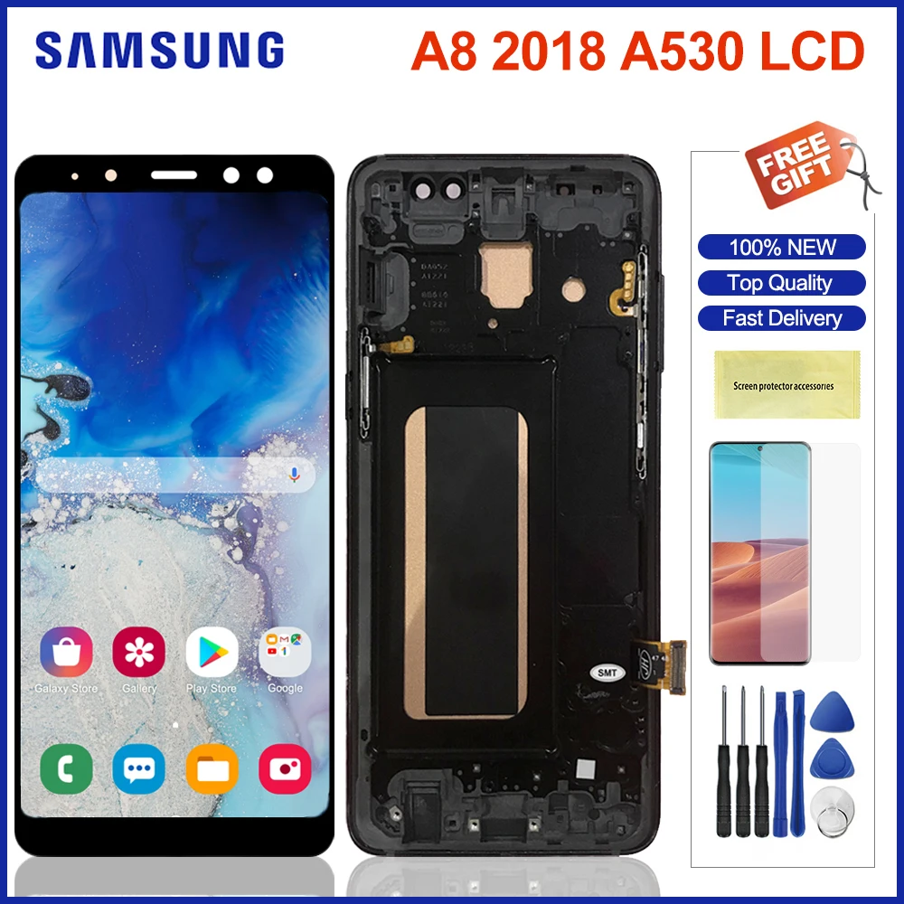 Pantalla de 5,6 pulgadas con marco para Samsung Galaxy A8, 2018, A530, Lcd, piezas de montaje de digitalizador con pantalla t&aacute;ctil para Samsung A530-0