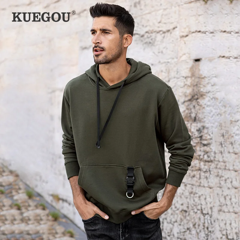 

Мужская толстовка с капюшоном KUEGOU, зеленая толстовка с капюшоном, из 2021 хлопка, осень 100%