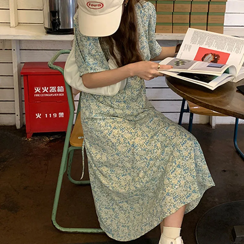 

2022Summer Floral Maxi Dress Women French Sexy Chiffon Dresses Office Lady Casual Loose Fairy Long Dress Robe Femme Chic 15253