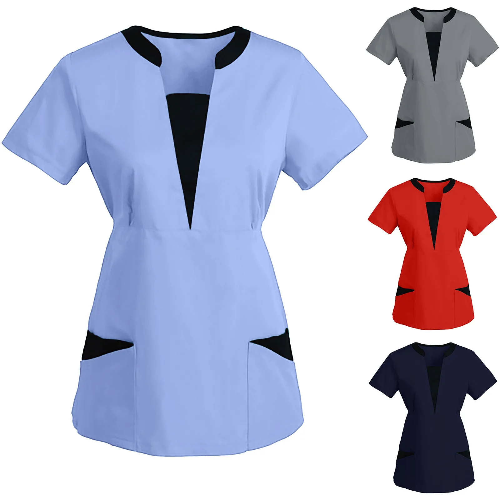 

Размера плюс, S-3XL, топы для медсестер, Женская рабочая форма с коротким рукавом, глубоким V-образным вырезом, в стиле пэчворк, однотонная рабо...