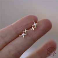 925 sterling silver japanese micro inlaid crystal four pointed star plating 14k gold earrings women small cute banquet jewelry