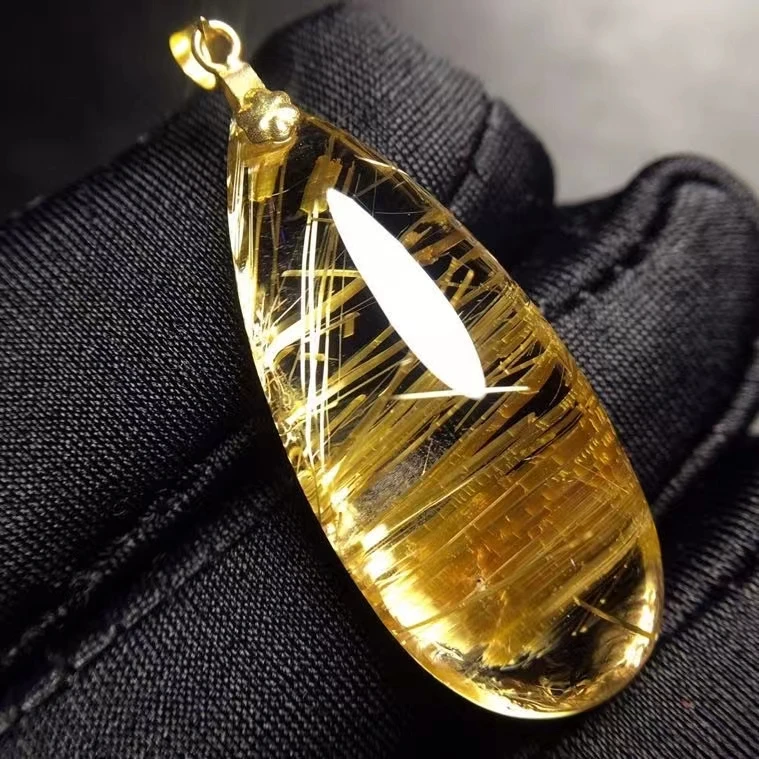 

Natural Gold Rutilated Quartz Water Drop Pendant Necklace Brazil 31.6*14*9.1mm Wealthy Stone Women Men Jewelry AAAAAAA