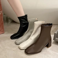 autumn winter women ankle boots leather boots mid square heel shoes ladies black beige sewing square toe chelsea boots female