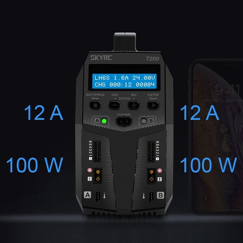 Зарядное устройство SKYRC T200 2X100W 12A AC/DC двойное зарядное для 1 6S Lipo 2S 3S LiHV LiFe LiIon