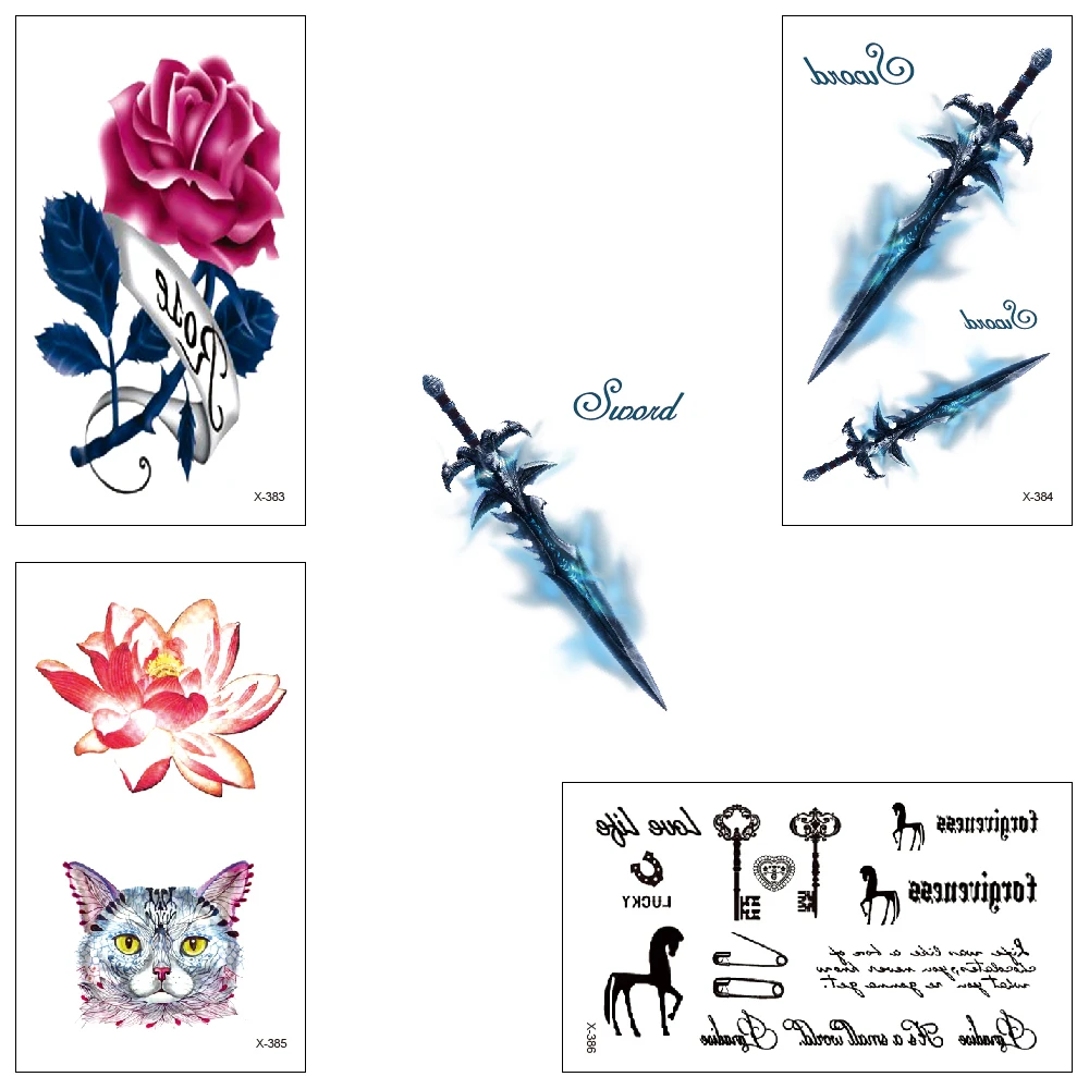 

wholesale Temporary tattoo Water Transfer Sword wings feathers Sticker Boy girl Beauty Sexy Cool Body Art 100 piece/lot X362-386
