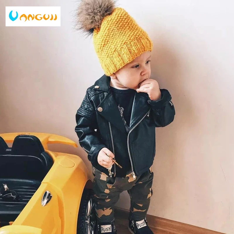 

PU Jacket for Boys Girls 1-7Years children's coat Cool Motorcycle Spring Autumn Smooth Leather Rivet Collar quilted zipper