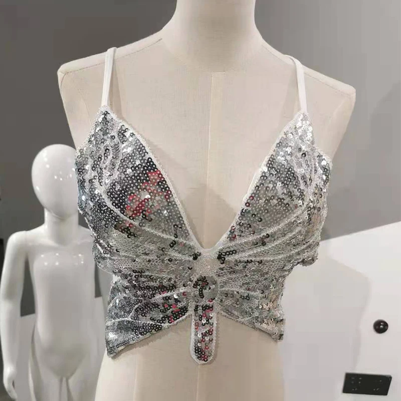 

Butterfly Sequin Crop Top Women Summer Backless V-Neck Sexy Club Costume Outfits Woman Clothes New Bandage Bra Tops 2021