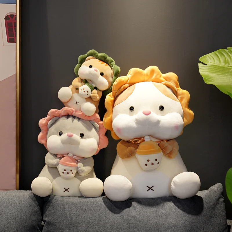 

Kawaii Cat Plush Toy Holding Milk Tea Toys Stuffed Soft Huggable Animal Cat Pillow Dolls for Girls Kids Birthday Gifts