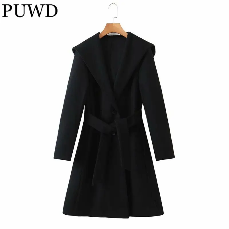 

PUWD Casual Women V Neck Draw Back Overcoat 2021 Autumn Fashion Ladies High Street Vintage Overcoat Female Solid Color Overcoat
