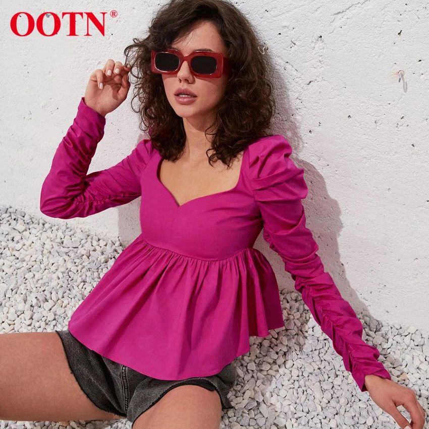 

OOTN 2021 Fashion Chic Peplum Top Tunic High Waist Puff Sleeve Shirt Ruched Streetwear Square Neck Sexy Blouse Autumn Winter