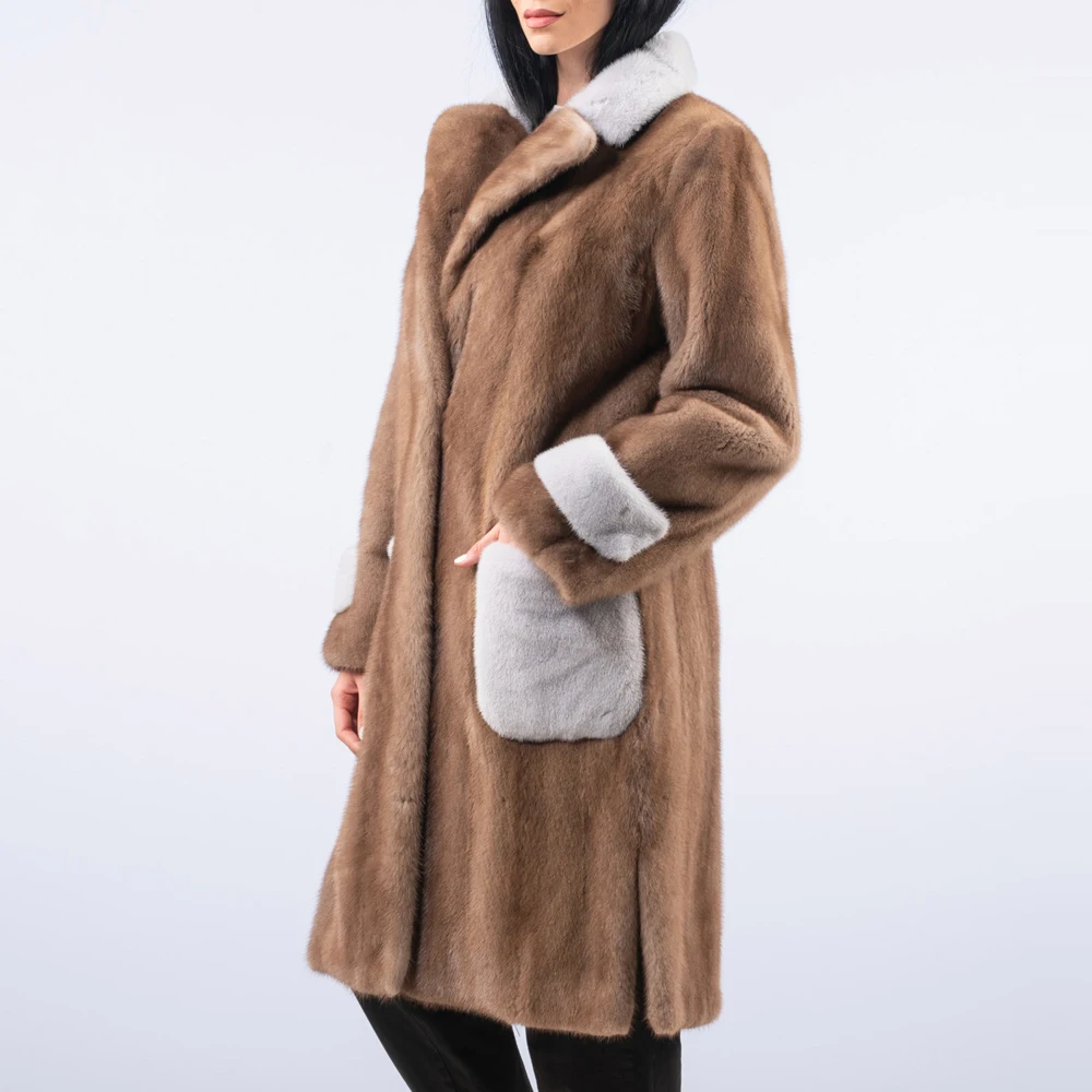 BFFUR Long Coffee Real Mink Fur Coats Natural High Quality Winter Fashion Woman Full Pelt Mink Fur Coat Turn-down Collar Outfit