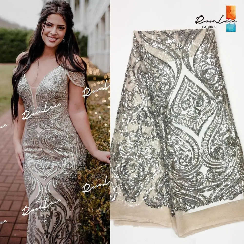 Африканская серебряная ткань с блестками и вышивкой сетчатая кружевная для