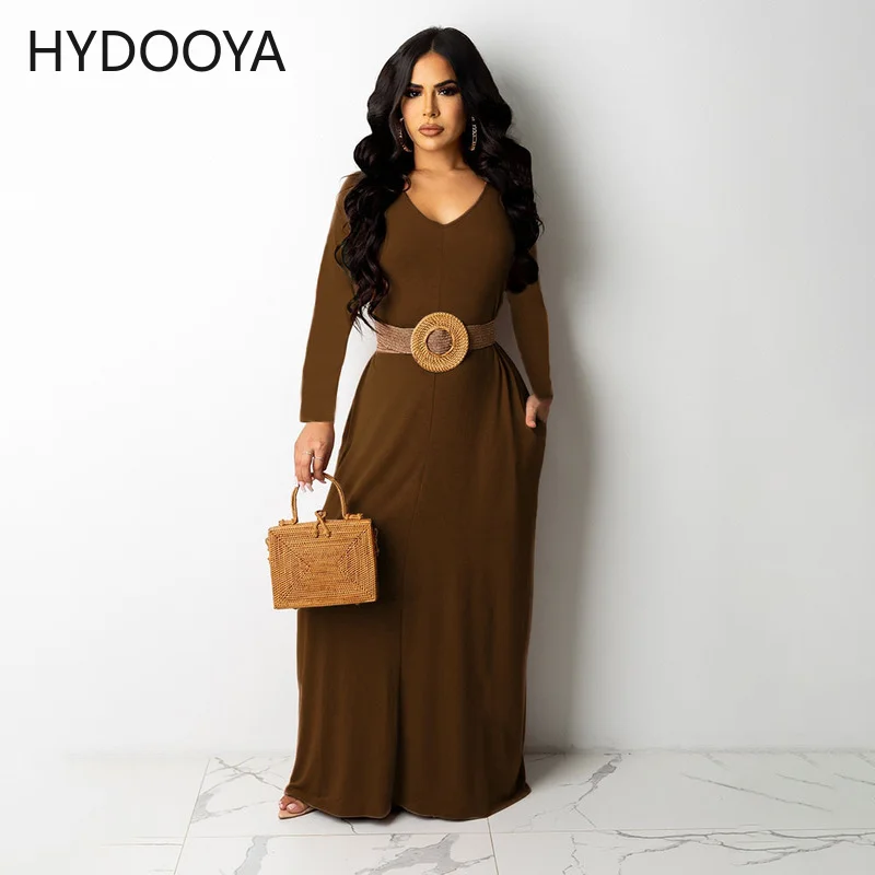 

High Quality Women Casual V Neck Solid Stretchy Long Dress with Pockets Autumn Boho Large Hem Maxi Dresses Streetwear Robe Femme
