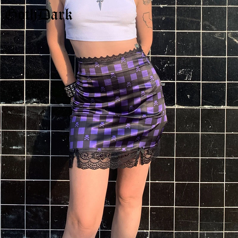 

Goth Dark Punk Aesthetic Printed High Waist Mini Skirts Grunge Women Bodycon A-line Skirt Gothic Skull Lace Trim Sexy Partywear