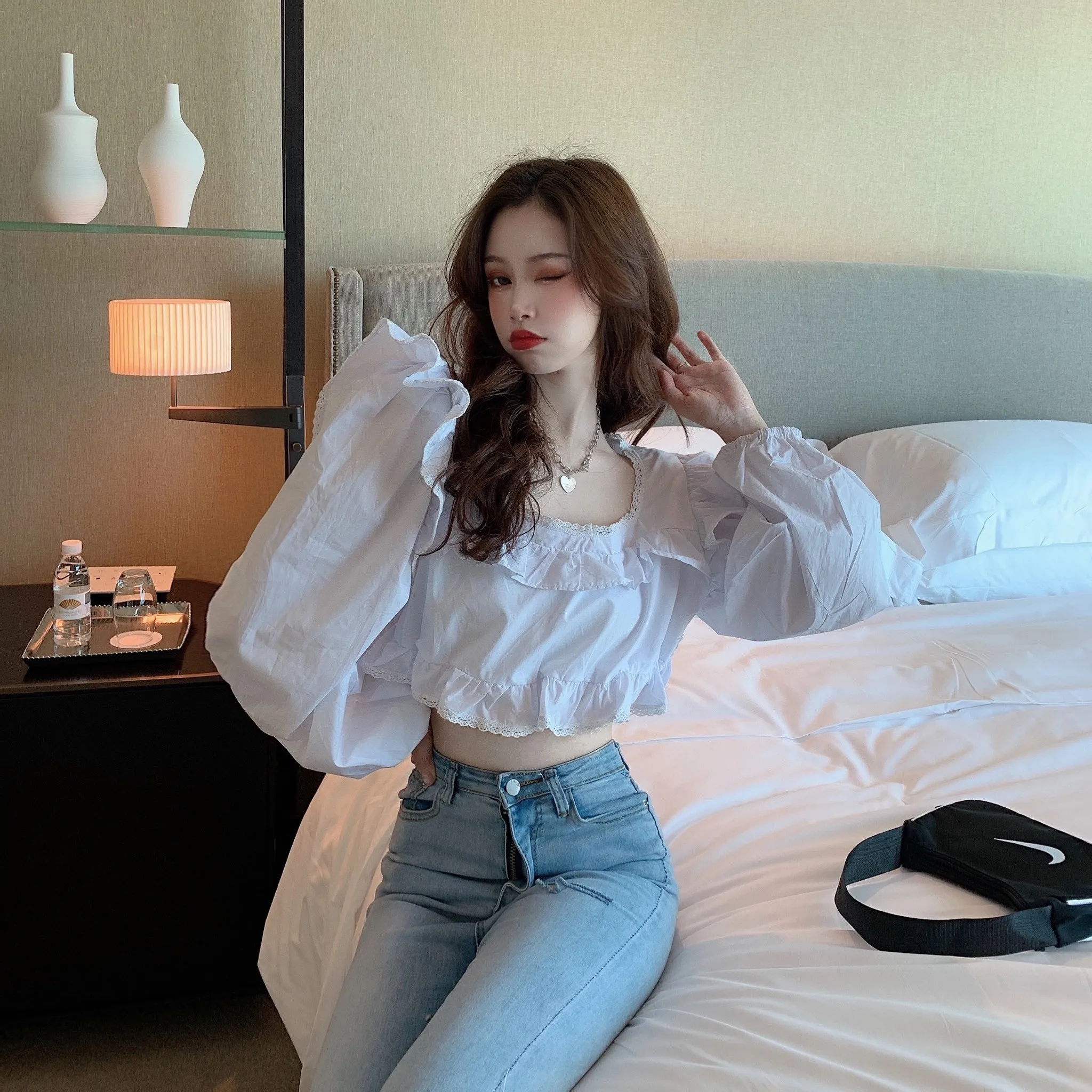 

blusas mujer de moda feminina Ulzzang Korean Women crop Top ruffles Blouses Harajuku sweet spring fall Shirts Fashion Brand