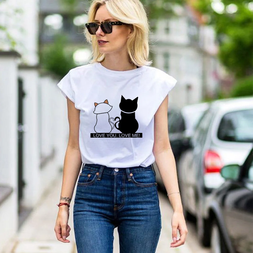 

Cute Cat LOVE Printed Couple T shirt Y2k Fashion Aesthetic Young Women's Shirt Summer Casual Short Sleeve Tops Tee Plus Size