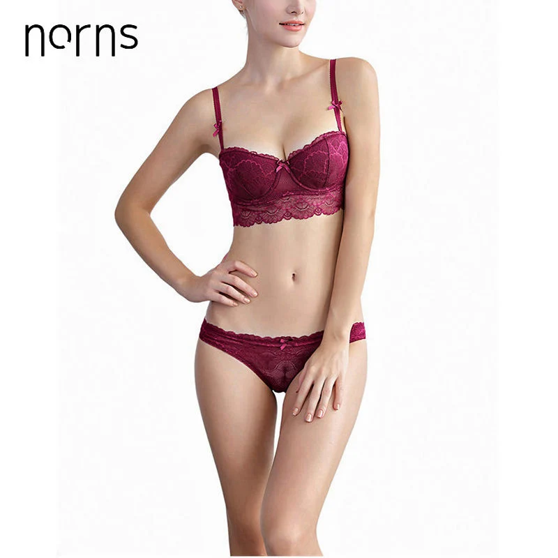 Norns Cotton Thick Brassiere Push Up Bras Women Lingerie Sets Deep V Lace Embroidery Bra Sexy Underwear Set 1/2 Cup Plus Size | Женская