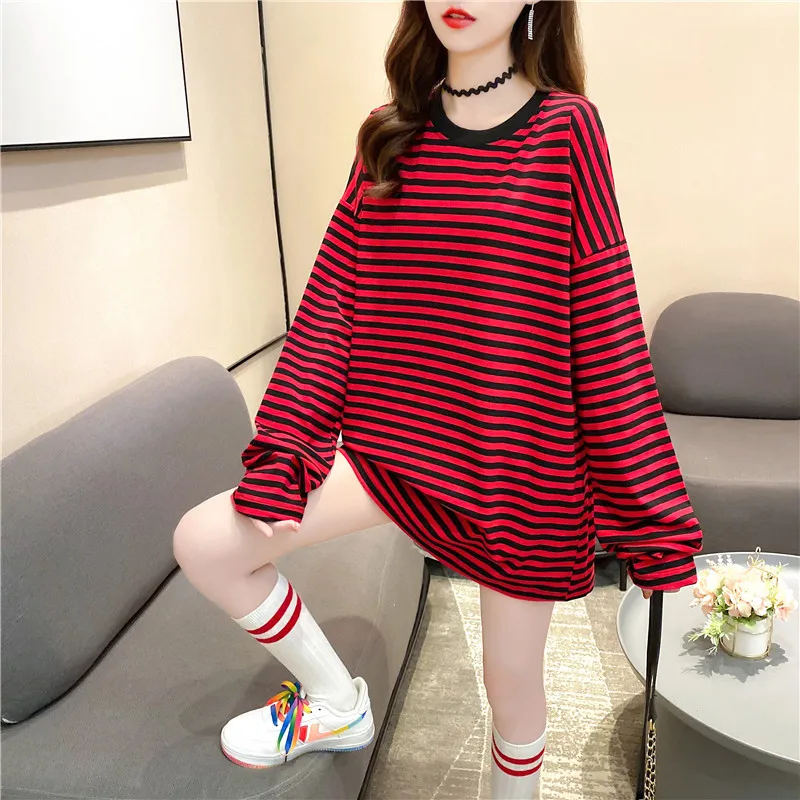 

2021 Spring Summer New Vintage Fashion Basic Loose Casual Striped All Match Simple Long Sleeve Female T-shirts