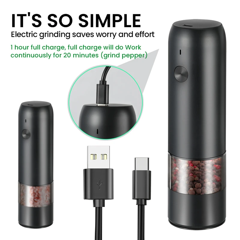 Electric Automatic Mill Pepper And Salt Grinder USB Charging Spice With LED Light Adjustable Coarseness | Дом и сад