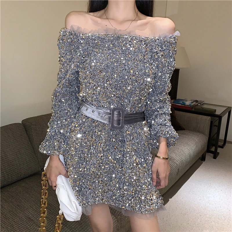 

New Shiny Sequined Night Club Vestidos Women Spring Autumn Korean Silver Party Off Shoulder Long Sleeved Sexy Dress with Belt