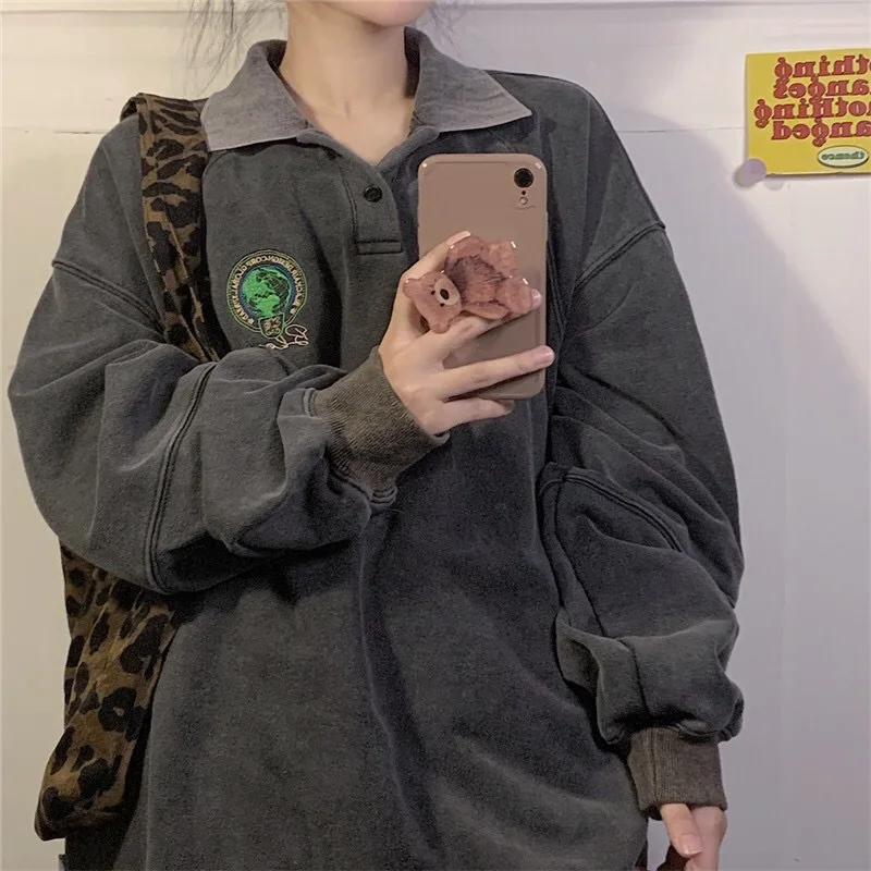 

Dark Gray Polo Neck Retro Port Style Plus Size Sweatshirt Women Autumn Loose European and American Fashion Brand Street Top
