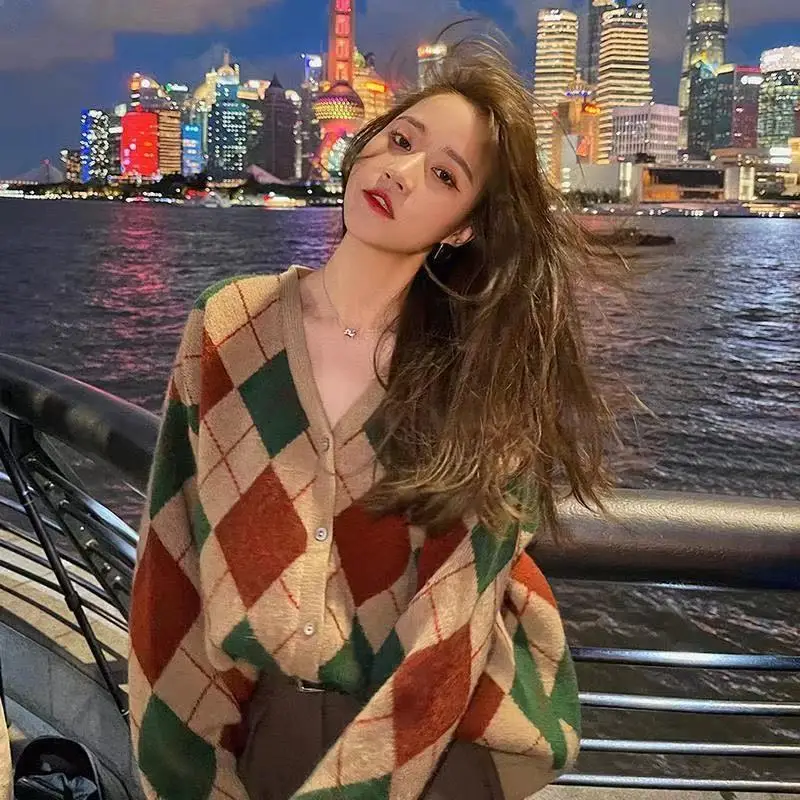 

Winter Spring Argyle Cardigan Women Jacket Sweater N Vintage V Neck Knit Sweater Fall College Warm Tops Sweet Fashion Coat 2021