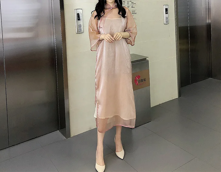 

New summer retro traditional Chinese style Mandarin collar bright silk cheongsam dress+ strap two pieces set suit for women