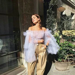 Женская блузка из тюля, с открытыми плечами и длинным рукавом