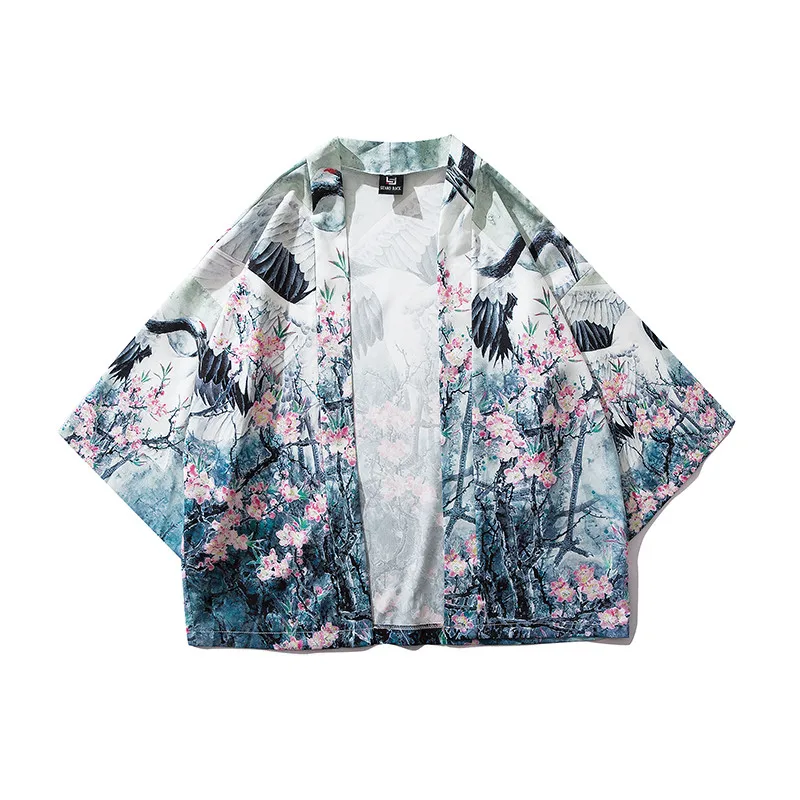 

Women Harajuku Fashion Casual Streetwear Jacket 2021 Japanese Red-crowned Crane Printed Kimono Summer Loose Cardigan Men