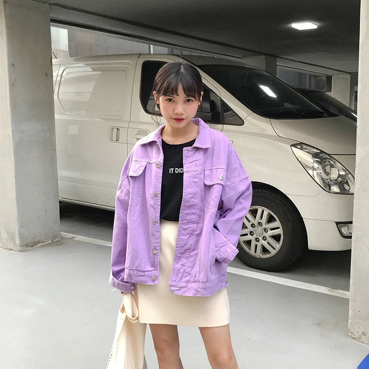 Женская джинсовая куртка фиолетовая Свободная бомбер в стиле преппи Базовая