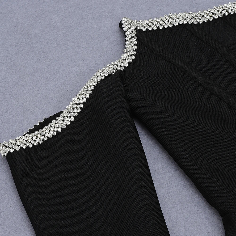 

2021 New Women Black Beading Strapless Off Shoulder Long Sleeve Solid Vestidos Celebrity Evening Party Bandage Dress Wholesale
