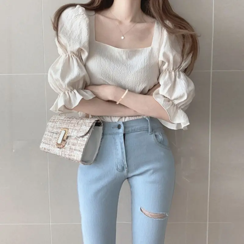 

Vintage Puff Sleeve Women Blouse Summer Square Neck Solid Color Korean Style Tops Female Sexy Slim Fashion Blouse New