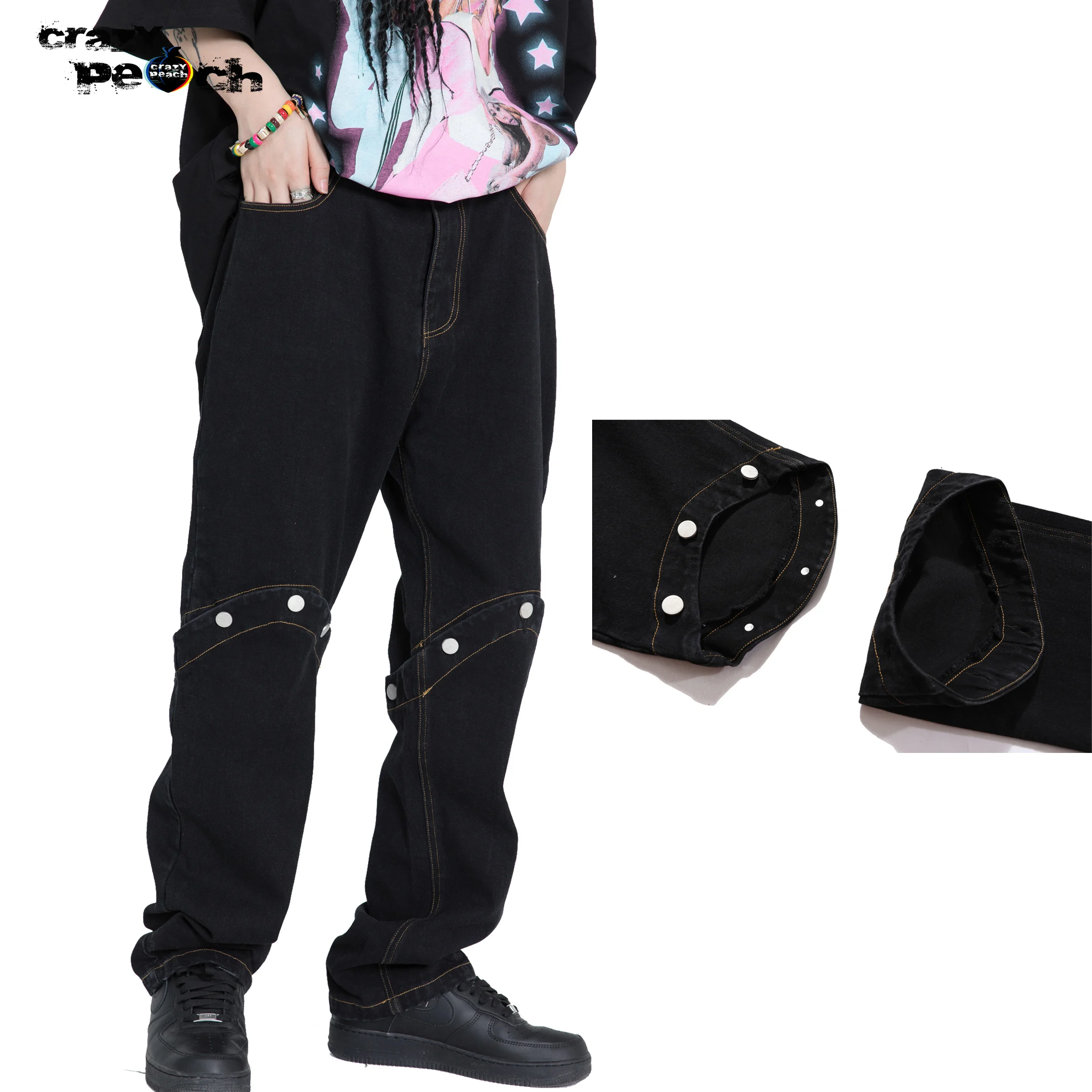 

Removable Black Jeans Gothic Punk Streetwear Baggy Button Jeans Hiphop Mens Clothing Loose Jeans Solid Denim Pants Ripped Jeans