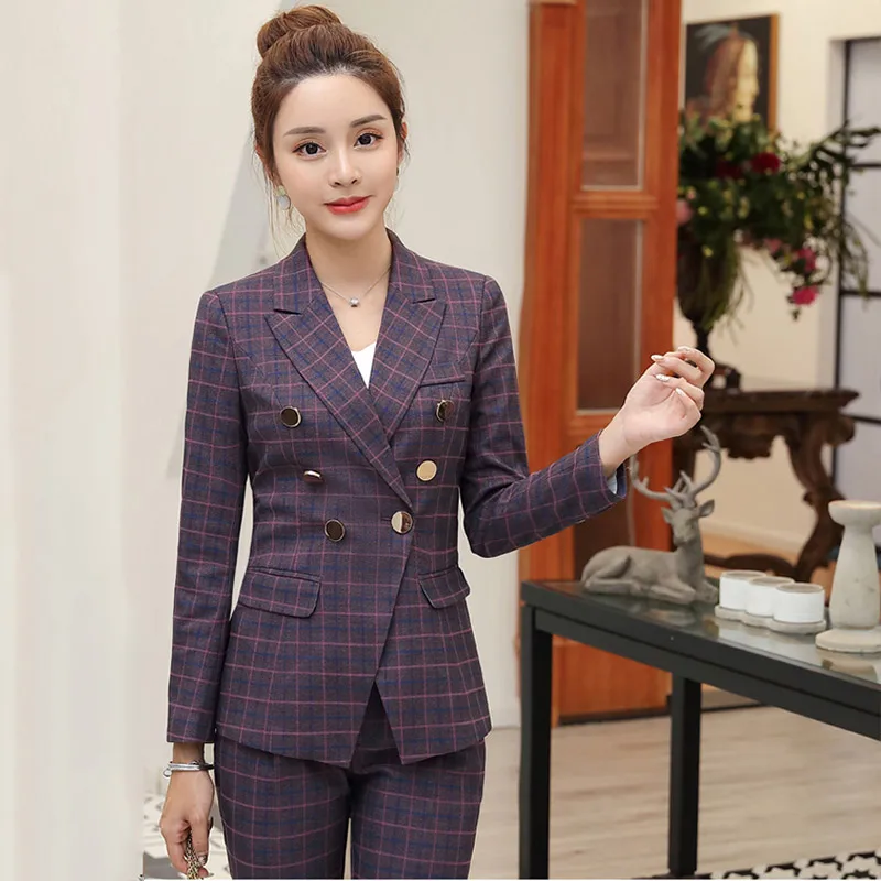 Женский комплект из двух предметов: серый клетчатый пиджак с длинным рукавом +