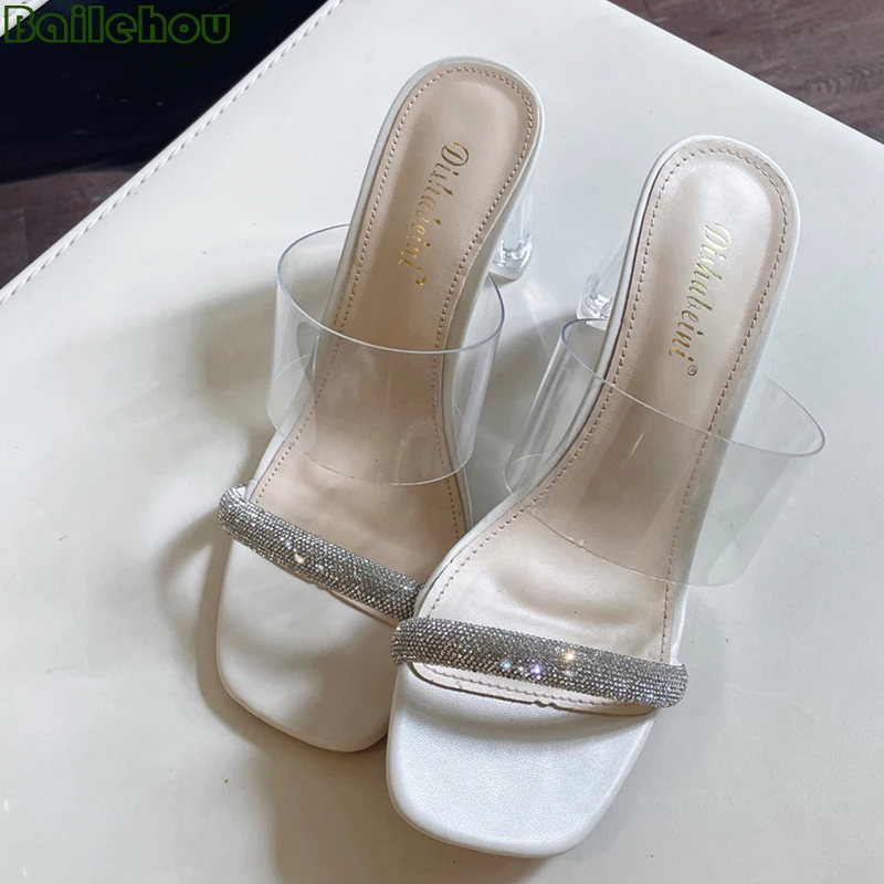

Woman Pumps Rubber Slippers Ladies Shoes For Women Sandals 2022 Rhinestones Square Toe High Heels Fashion Slides Female Shoes