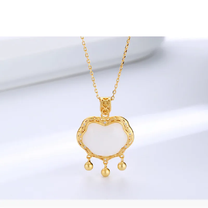 

Ethnic Style 925 Sterling Silver Gold-plated Inlaid Natural Hetian White Jade Wishful Lock Pendant Female Necklace
