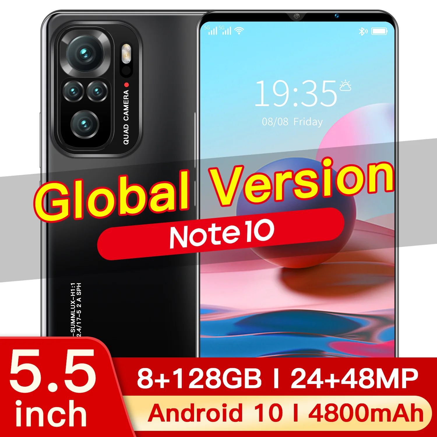 

Global Version 8+128GB Note10 Smart Phone Andriod 10 24+48MP Dual SIM+Micro SD 10 Core 4800mAh 5.5 Inch Mini Cell Phone MTK6595