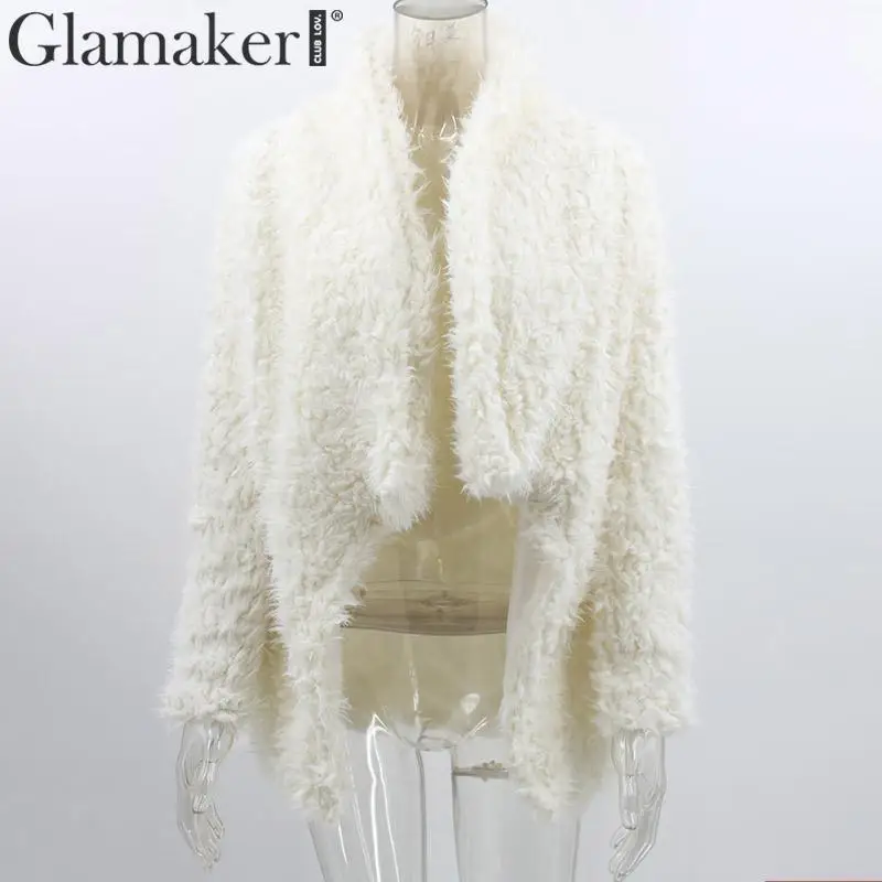 Glamaker, белая куртка с отложным воротником из искусственного меха, свободное теплое женское пальто с длинным рукавом, осенне-зимние вечерние, сексуальные пушистые женские куртки