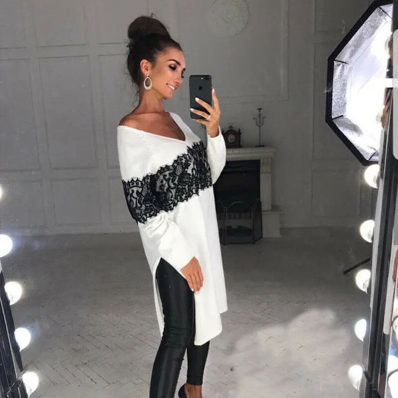 

Fashion Womens Loose Long Shirts 2020 Casual V Neck Lace Splice Tops Spring Fall Female Long Sleeve Slit Hem Pullovers