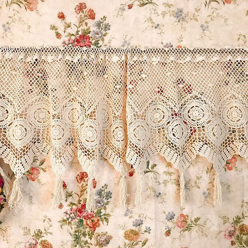 

1Pc Home Decoration Pastoral Style Coffee Curtains Handmade Crochet with Tassel Cotton Short Curtains For Kitchen