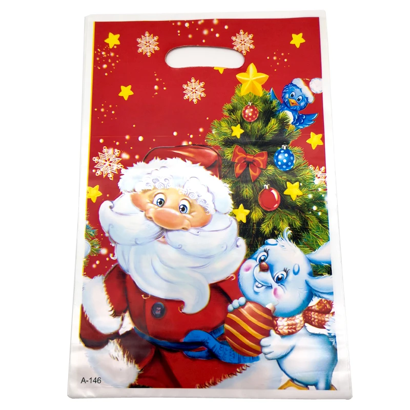 

100pcs/lot Baby Shower Party Kids Favors Merry Christmas Theme Plastic Loot Bags Birthday Decorate Santa Claus Gifts Bags