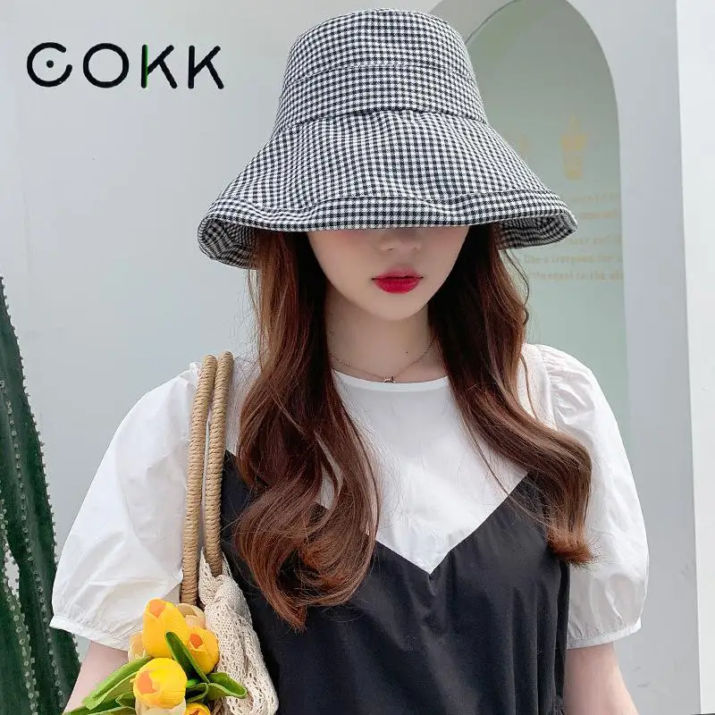 

COKK Bucket Hat Fisherman Cap Summer Hat For Women Outdoor Sunshade Sun Protection Folding Large Brim Plaid Sunhat Female New