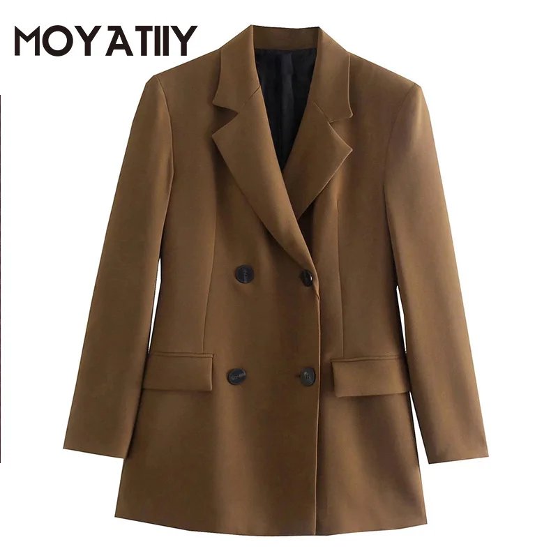 

MOYATIIY Women 2022 Fashion Coffee Slim Blazer Coat Office Ladies Double Breasted Coats Long Sleeve Female Tops Outwear
