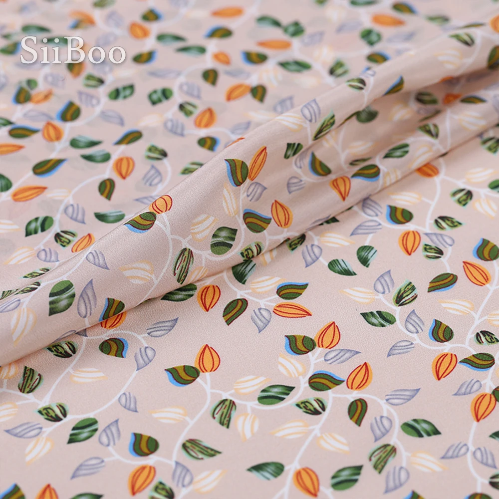 Пасторальная оранжевая зеленая ткань с принтом листьев 100% Шелковая