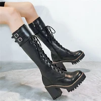 women lace up straps genuine leather chunky high heels motorcycle boots female thigh high platform pumps shoes punk buckle boots