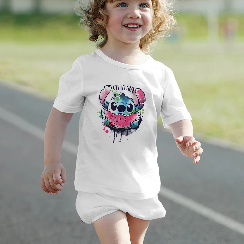 

Kawaii Disney Cartoon Kids T Shirt Girl Boy Ohana Lilo Stitch Eat Watermelon Graphic Children Top Harajuku Family Look Outfits