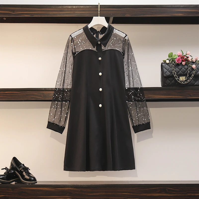 

Kekeplus Long Mesh Sleeve Patchwork Black Dress Elegant Lady Plus Size Clothing Women Autumn New Slim Dresses Robe Vestidio 1006