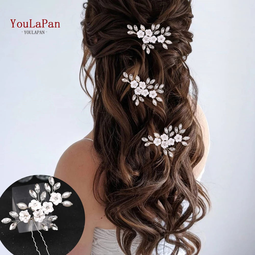 

YouLaPan HP345 Elagant Soft Clay Flower Hairpins Bridal Hair Clips Crystal Side Hair Fork Headpiece Rhinestone Hair Jewelry
