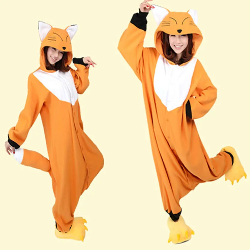Kawaii лиса кигуруми Onesie взрослых женщин животных пижамы костюм фланелевые теплые