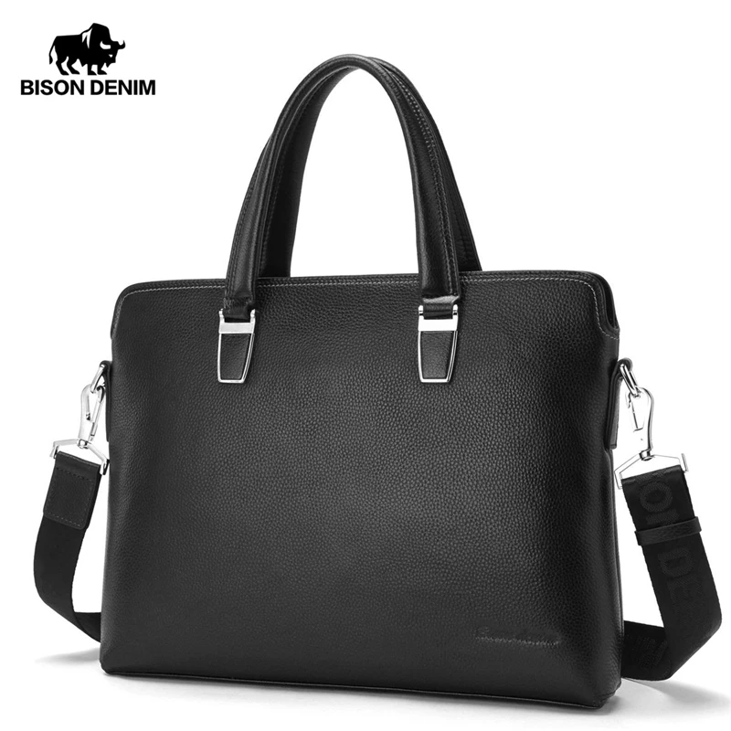 Bison Denim Black Business Casual Men Briefcase Bag Genuine Leather Cowskin Handbag  Large Capacity Laptop Messenger Bags